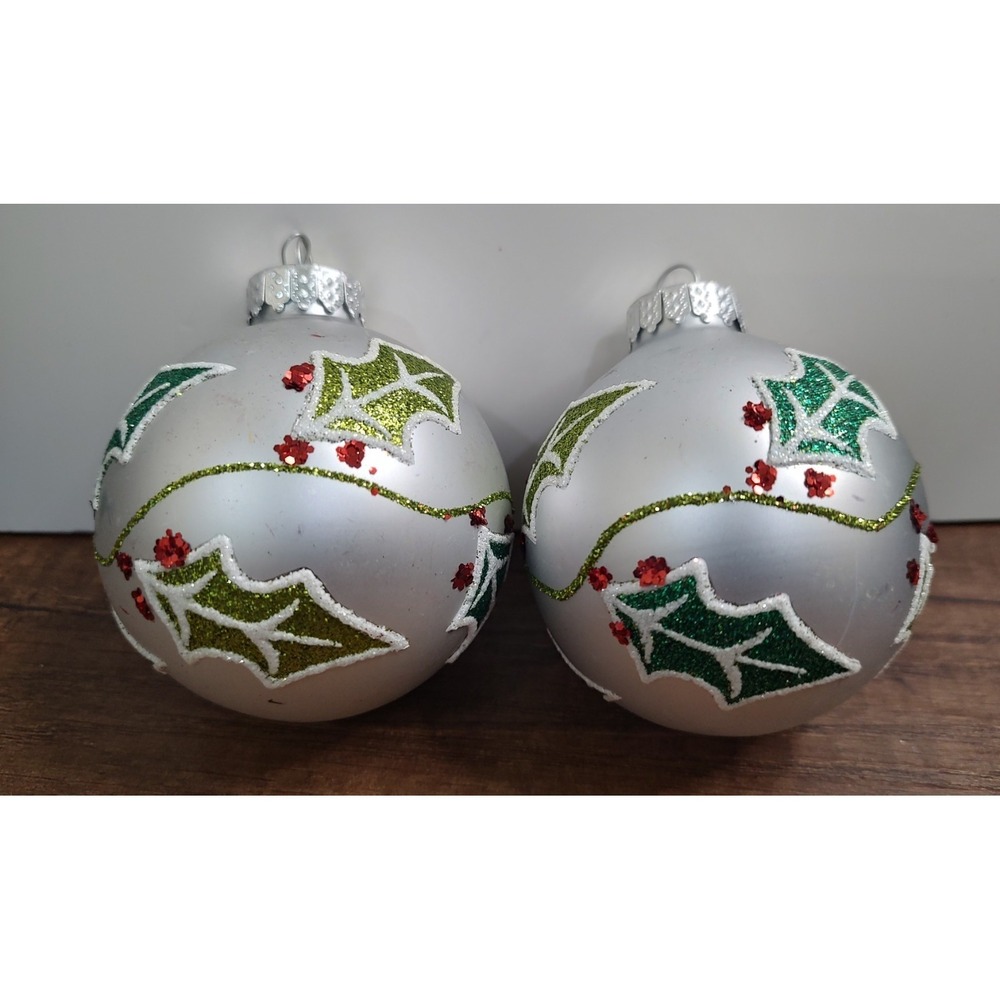 2 Vintage G&B Blown Glass Ball Christmas Ornaments Sikver Holly Berry Design